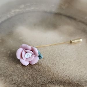 Porcelain Pink Rose Floral Brooch Stick Pin